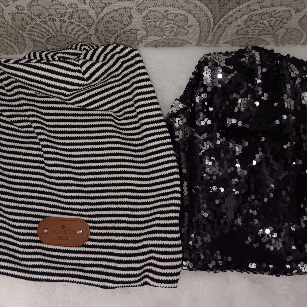 Black Sequin Beanie and B/W Striped Beanie
